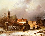 Figures on a Snow Covered Path with a Dutch Town beyond by Charles Henri Joseph Leickert